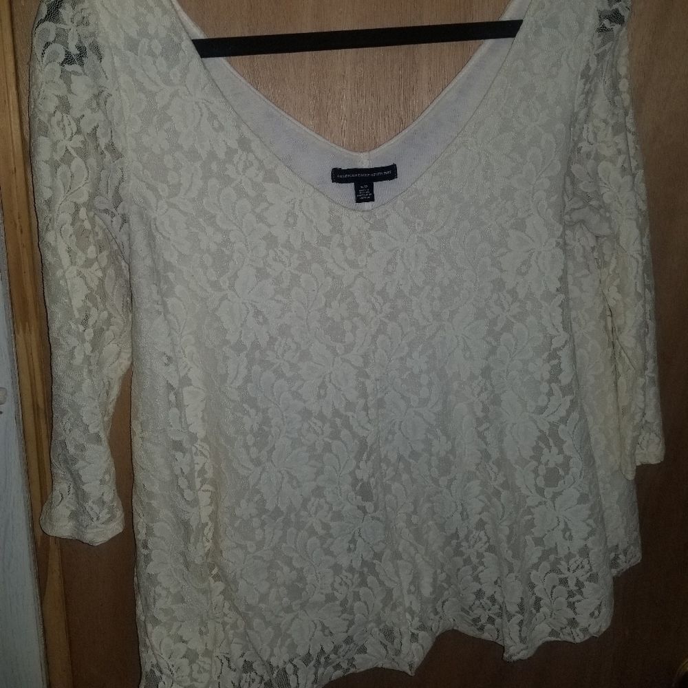 American Eagle Outfitters Cream Lace L/S Blouse